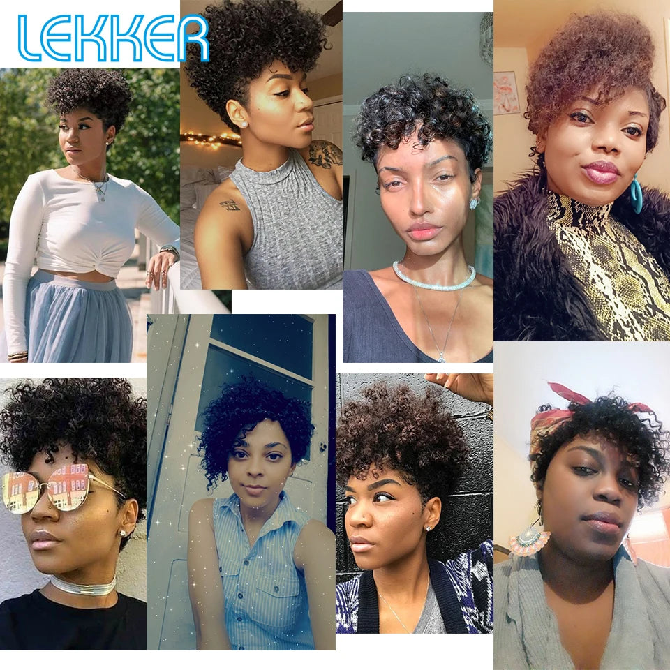 Lekker Short Pixie Kinky Curly Bob Human Hair Wigs With Bangs For Women Brazilian Remy Natural Hair Full Machine Afro Curly Wig