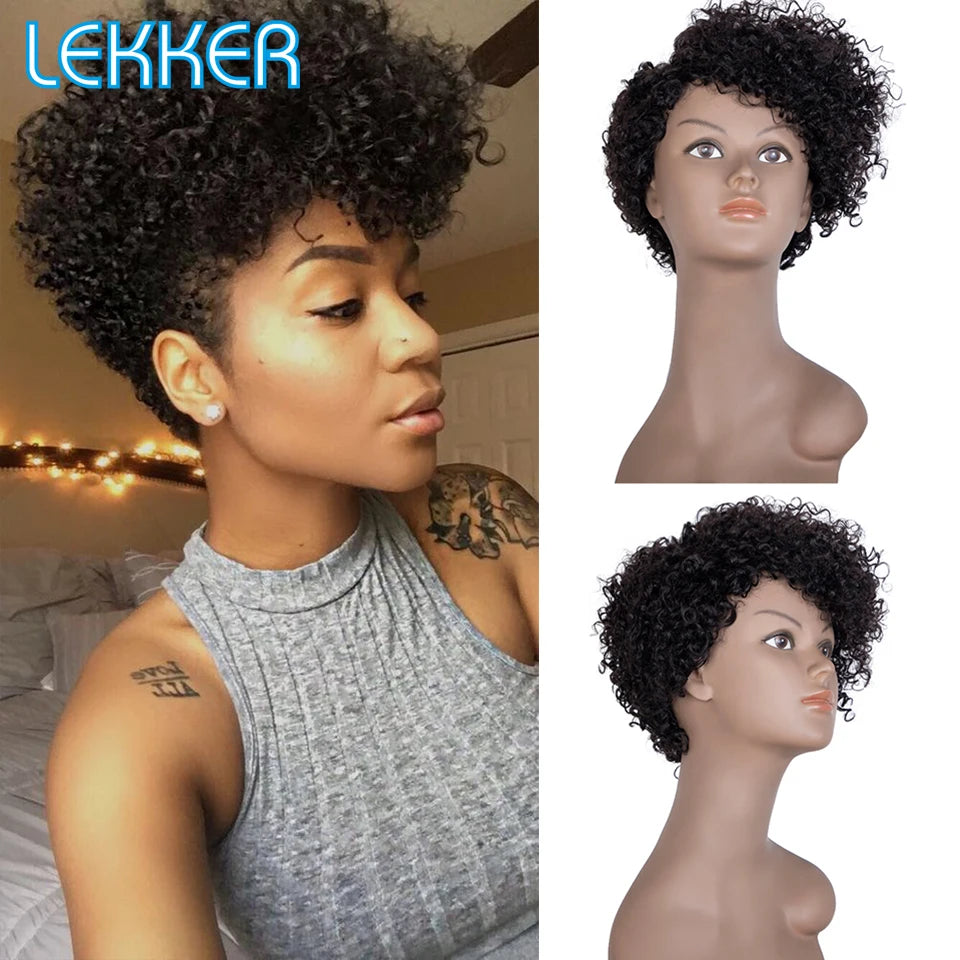 Lekker Short Pixie Kinky Curly Bob Human Hair Wigs With Bangs For Women Brazilian Remy Natural Hair Full Machine Afro Curly Wig