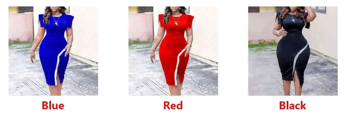 Polyester African Dresses for Women Elegant African Short Sleeve Black Red Blue Knee-length Dress African Wedding Party Dress