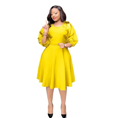 2024 African Party Evening Dresses for Women Spring Africa 3/4 Sleeve O-neck Yellow Purple White Midi Dress Africa Clothing M-XL