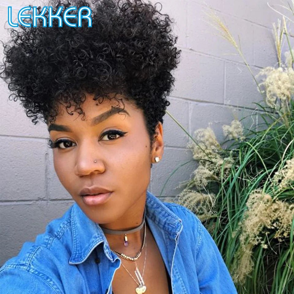 Lekker Short Pixie Kinky Curly Bob Human Hair Wigs With Bangs For Women Brazilian Remy Natural Hair Full Machine Afro Curly Wig