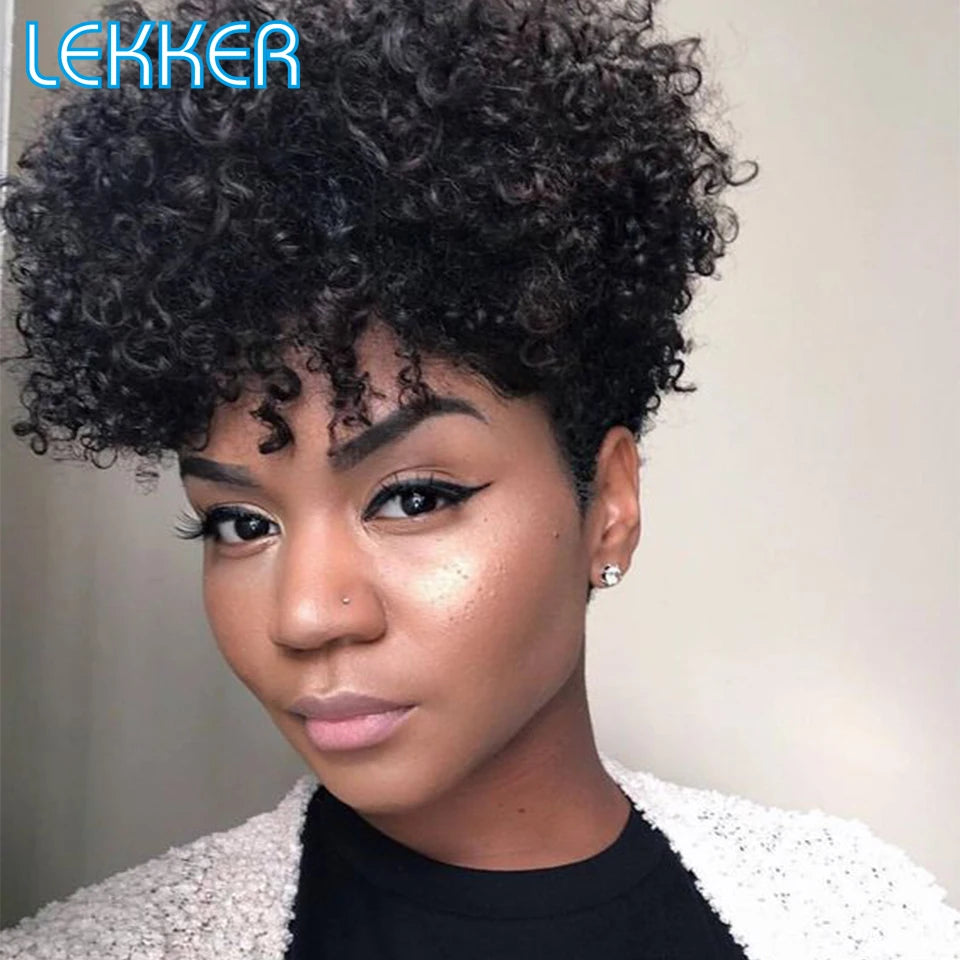 Lekker Short Pixie Kinky Curly Bob Human Hair Wigs With Bangs For Women Brazilian Remy Natural Hair Full Machine Afro Curly Wig